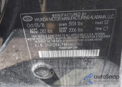 2019 Hyundai Elantra Sel z USA, uszkodzony, nr VIN 5NPD84LF8KH415140